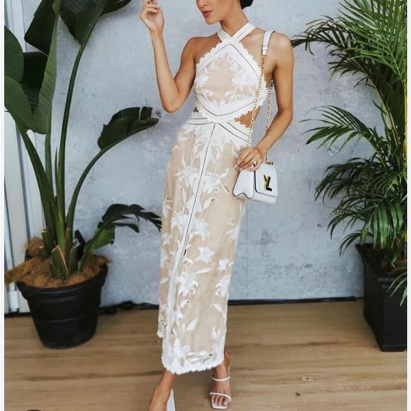 Zimmermann Dresses & Skirts - Zimmermann Corsage Lily Silk Linen Floral Appliqué Halter Dress